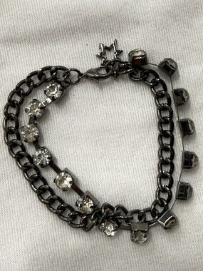 Gunmetal Chain Bracelet with Clear Crystal Accents